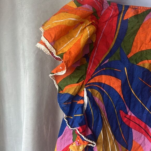 Marc New York Ruffled Short Sleeve Colorful Tropical Top Size Small - Picture 12 of 14